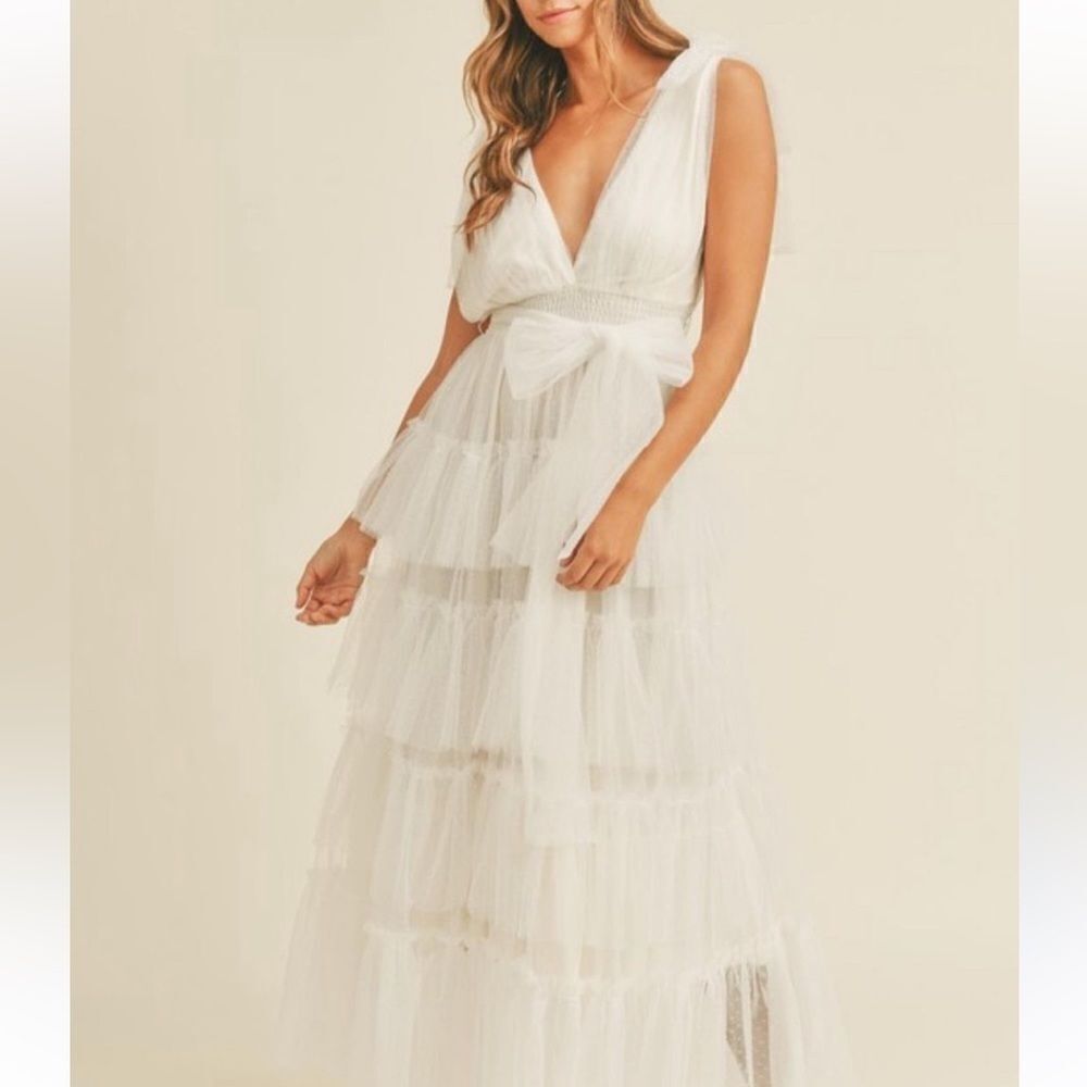 MABLE Maxi Dress Cream Tulle Ruffles NWT